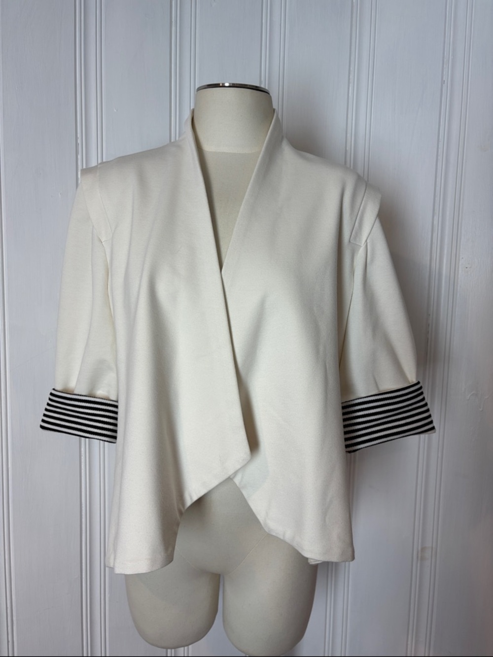 MELISSA NEPTON White Draped Open Blazer Striped Cuffs - Size XL Made in Canada